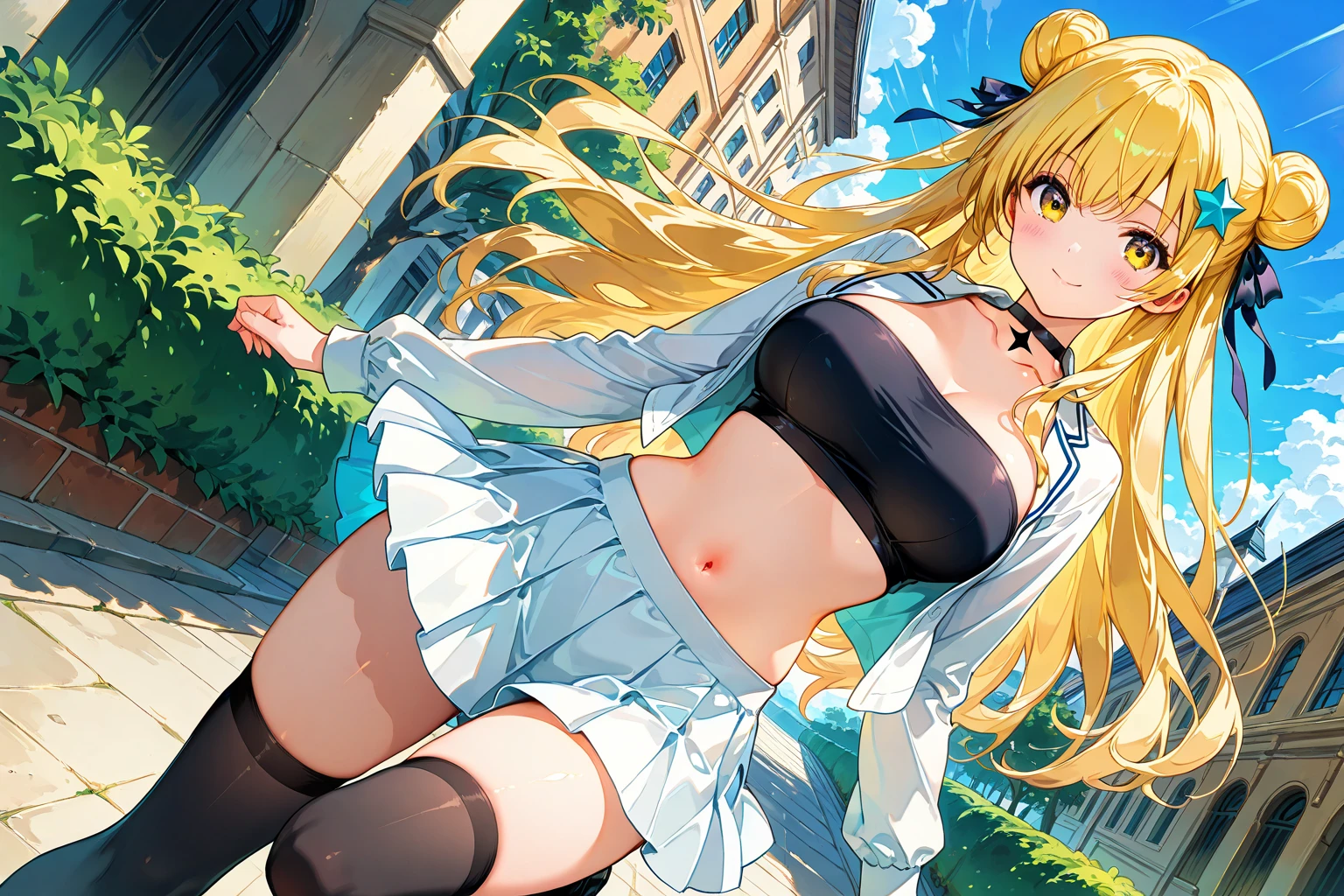 anime girl 25 years old, short yellow hair, pink eyes, medium chest, wearing a black lace corset, short black skirt and long black stockings, posing in his room near the window with a night sky illuminated with moonlight