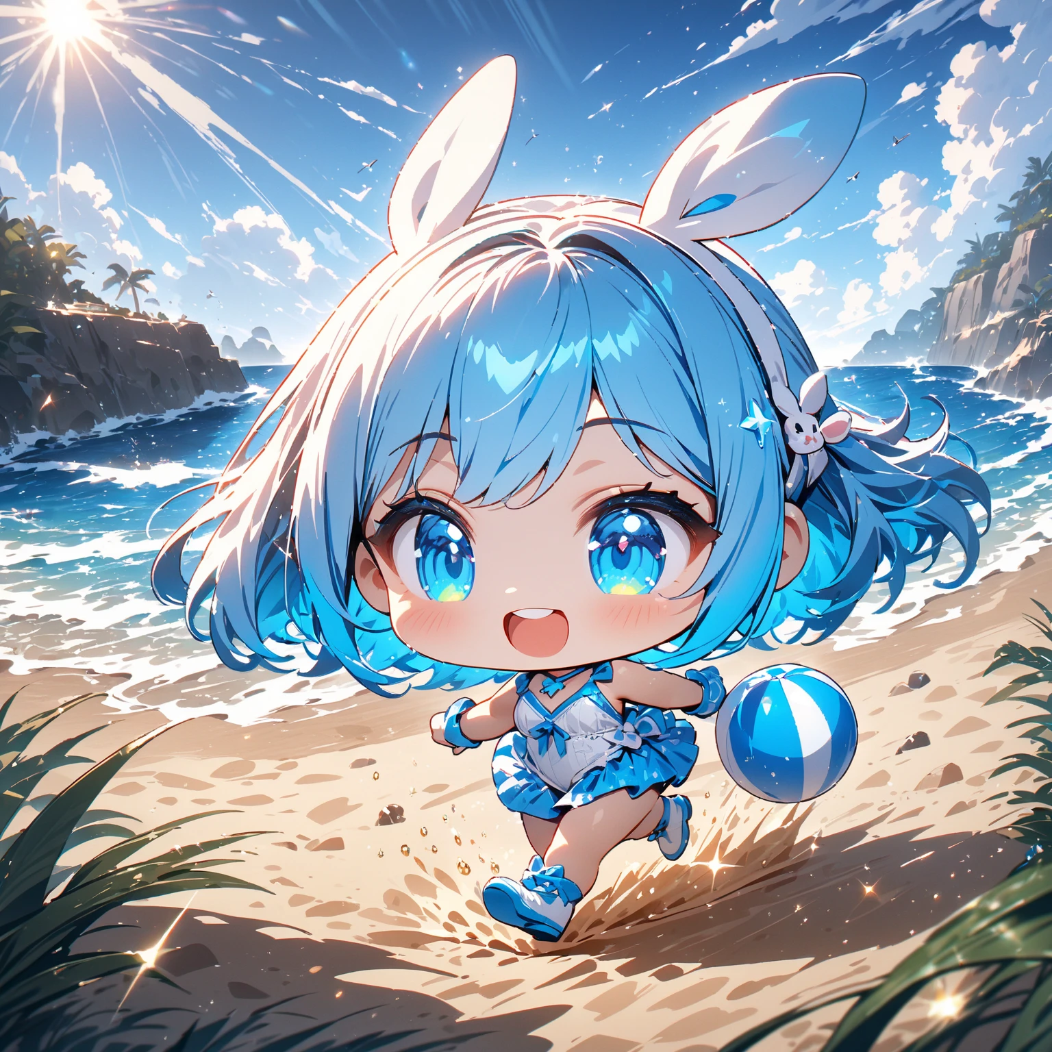 masterpiece, best quality, ultra detailed, exquisite, Full-HD, 16K, absurdres, , kemono, delightful, smiling, jumping, looking at viewer, twintail, medium hair, blunt bangs, wavy hair, shiny hair, pink hair, aqua hair, streaked hair, colored inner hair, pink eyes, blue eyes, odd eyes, with irises, with star-shaped irises, with heart-shaped irises, with diamond-shaped irises, with sparkling eyes, big eyes, droopy eyes, heterochromia, wide-eyed, with heart-shaped eyes, with heart-shaped pupils, pale skin, fair skin, shiny skin, detailed skin, tiny, , short, slim, bikini, smaller face, with cat ears, cat tail, cute face, baby face, 10-year-old, on the beach, blue sky and shining lights, kawaii, cute, anime, cel anime, 2d anime, chibi, chibi anime, upper body, on right, front view, dynamic angle, wide view, wide shot, golden ratio, framing composition, sunlight, best light, in focus with blurred background