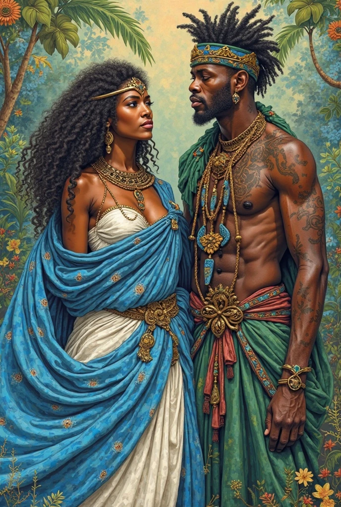 Ogun and Oxum next to each other, their dark faces and bodies, Ogun with his blue clothes and Oxum with his yellow clothes