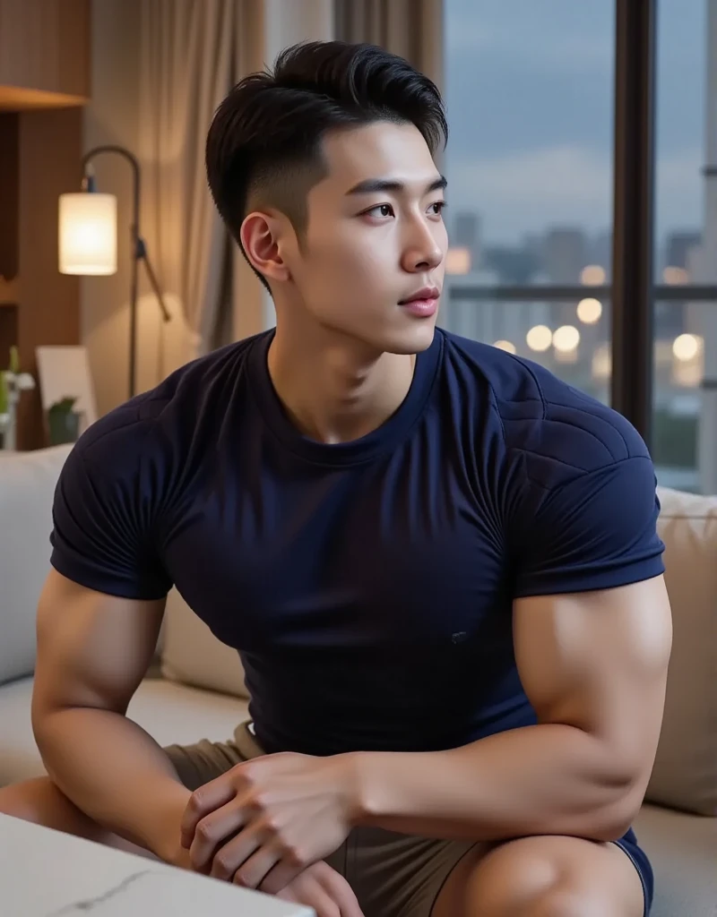Alafed man sitting on sofa with city background, Asian Male, model with attractive body, male model, Korean Male, Handsome men, Japanese Models, lean man with light tan skin, attractive male, young man with beautiful face, attractive face and body, handsome chad chin, mid-shot of a hunky, strong masculine features