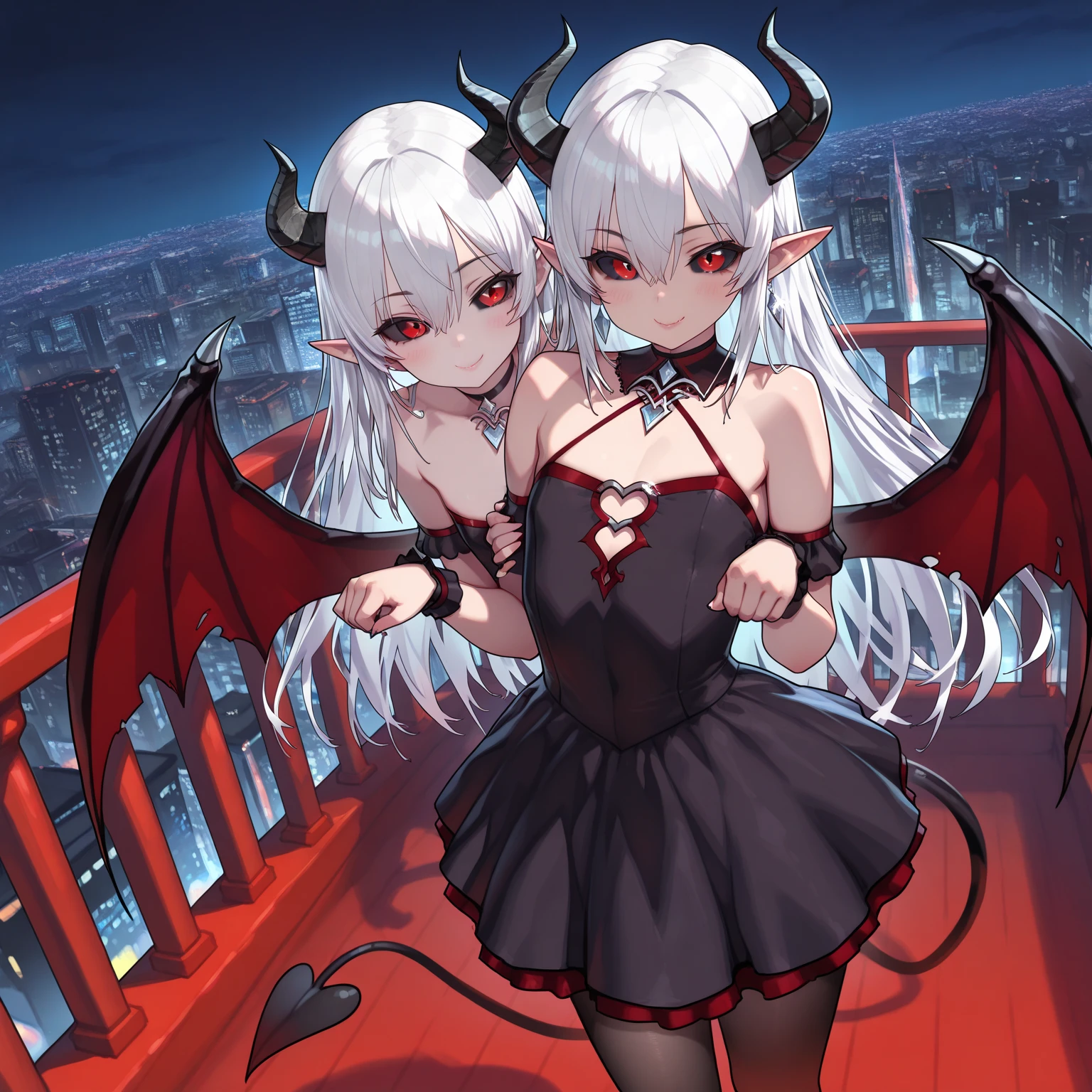 masterpiece, Highest quality, High Resolution, HS1,blush、smile,NSFW、Balcony、Big Breasts、Gray Hair、Red eyeoonlit Night、Bat Wings、Braid、Red dress、hair ornaments