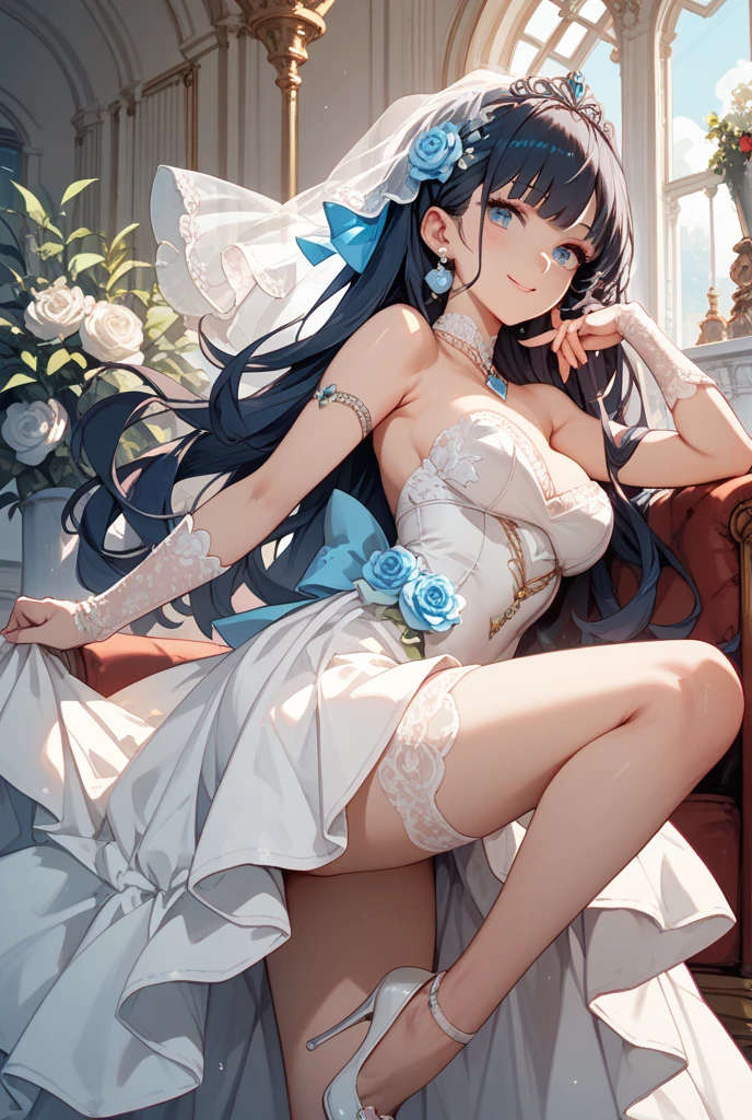 1 girl、kiss,Fox ears,Close-up of face,(8k、Highest image quality、best quality、masterpiece)、Full body wrapped in white tights,White flower tiara,White gloves,White stockings,slim,Large Breasts,Extremely detailed facial details, handcuffs,collar,Calm expression,Red lips,sweet smile,Black long hair, Attractive blue eyes, Fox ears, Ridiculously big, glowing skin,forest,Flowers,Sitting in a sea of flowers,Grand scene
