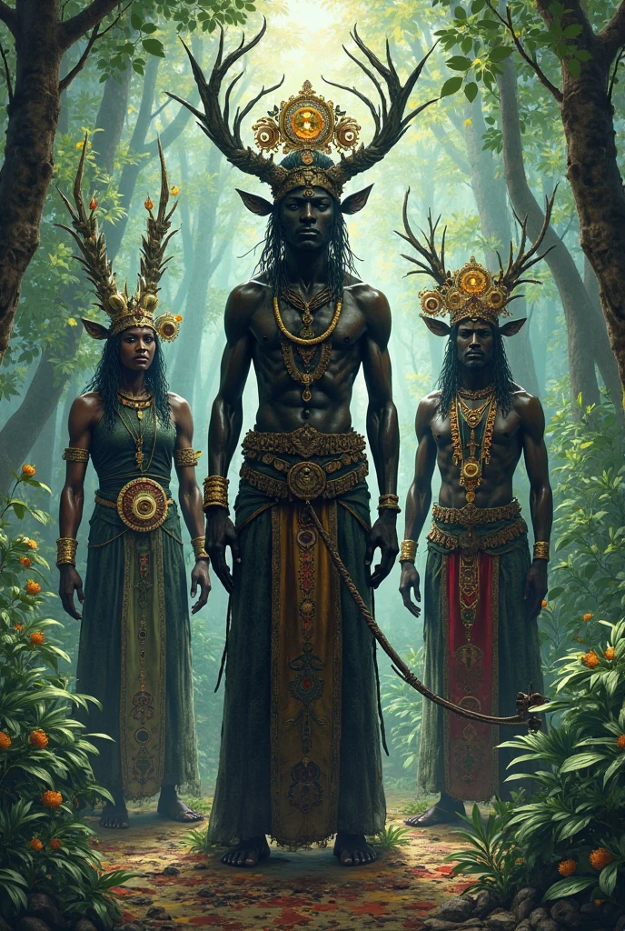 Create images of the orishas with a realistic green nature background