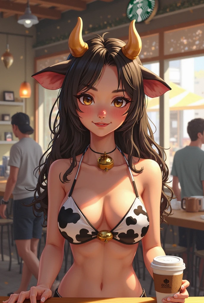 ((best quality)), ((masterpiece)), (detailed), 1girl, 2 small horns, wide eyes, pale skin, pink cowprint spots on skin, cow snout, cowbell choker, tight tank top, huge breasts, short curly hair, cow ears, loving demeanor, motherly, wide puffy nipples translucent shirt