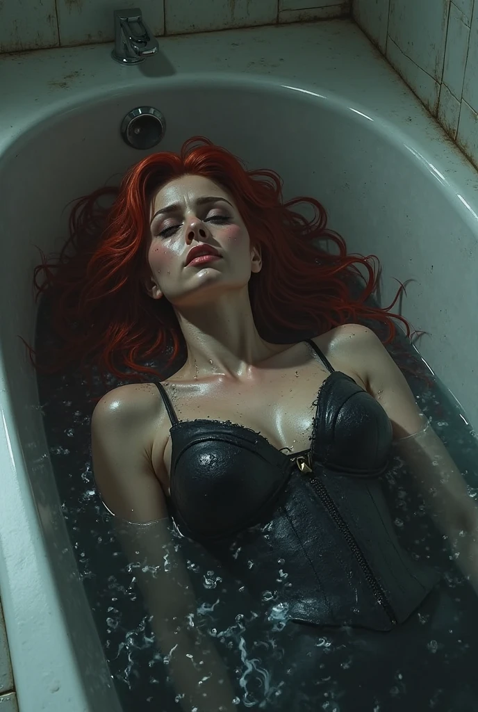 A woman surrounded by a whirlpool, wearing a black skirt and a red strapless bustier corset, her red hair flowing upwards, her geen eyes showing a steely determination