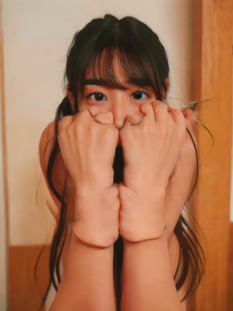 High resolution,Highest quality,Photo of KRNPP wearing white shirts and jeans, Long brown hair, Complex, 8K, hogtied&gagged,