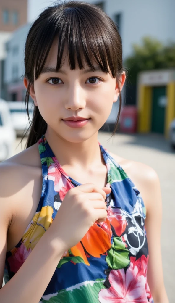 (Beautiful 14 year old Japan woman), Cute Face, (Deeply chiseled face:0.7), (freckles:0.6), Soft Light,Healthy white skin, shy, (Serious face), (Sparkling eyes), thin, smile, uniform, Braiding,(hour々Swimsuit showing her pussy and nipples:1.2)