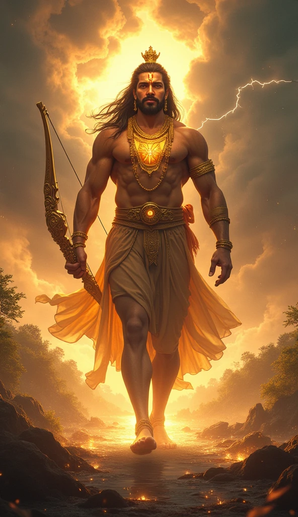 "Create a highly detailed, divine portrayal of Lord Hanuman, the monkey god of strength and devotion from Hindu mythology. He should be depicted in a powerful yet serene stance, with a glowing aura of divine energy. Hanuman is shown holding a mace (gada) in one hand and possibly carrying a mountain (symbolizing his strength and dedication). He should be adorned with traditional jewelry and clothing, and his facial expression reflects wisdom and courage. The background could feature a temple or a lush landscape with soft, radiant light illuminating the scene, creating a spiritual atmosphere."