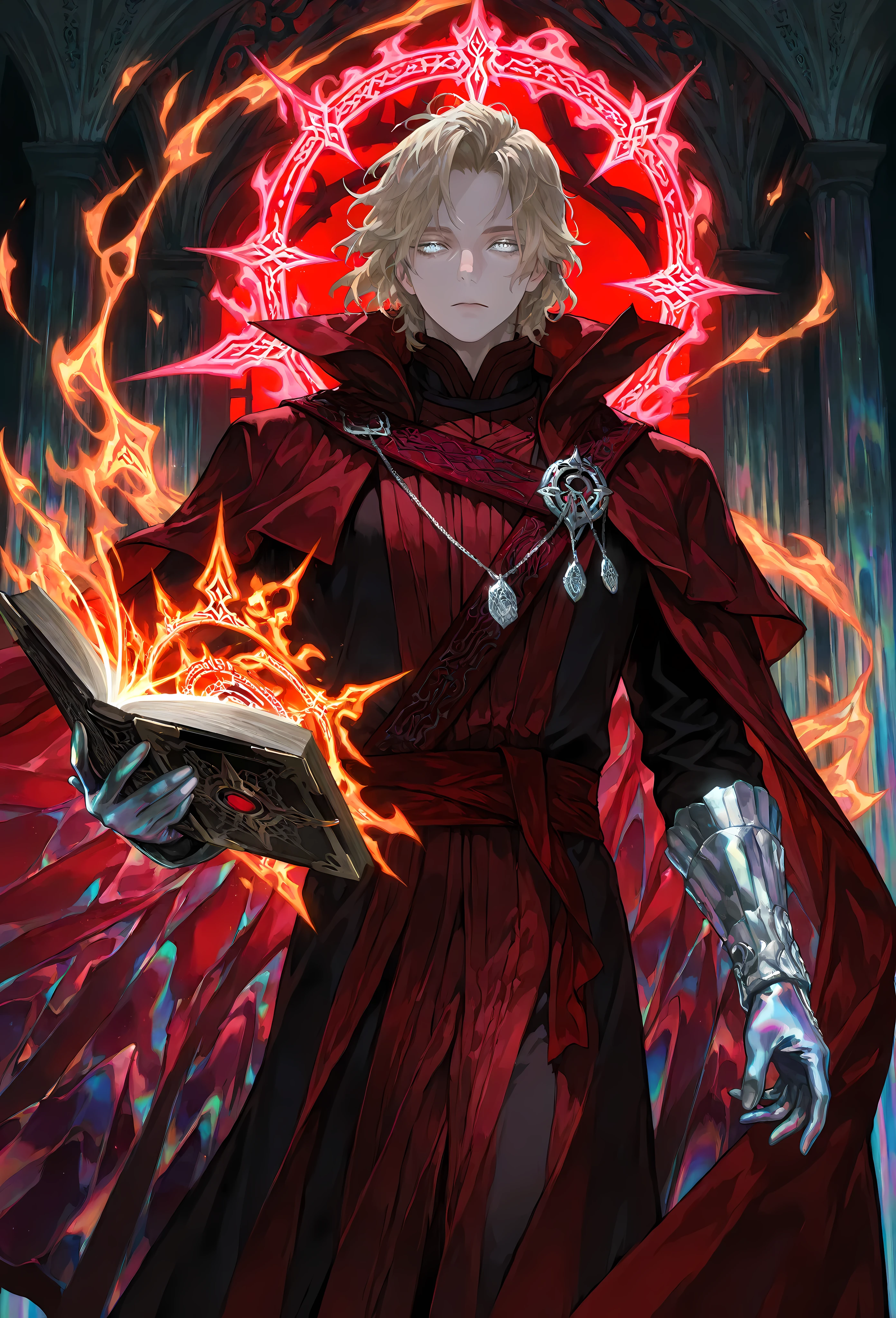 8k, beautiful masterpiece, looking out at the front, alone, pale skin, Perfect Eyes shape, Athletic Build, ((He wears: Black Doctor Strange Robes, Eye of Agamotto Amulet, Dark Red Cape with Cowl, Mystic Gloves, Dark Red Sash)), (((background is vast magic library, looks emotionless and somber while holding a grimoire and casting a spell via magic sigils and glyphs))), 23 years old male, 1 man, male-centered, handsome man, handsome, short messy hair, blonde hair, Thick painted, (((iridescent silver eyes))), Perfect Eyes, masterpiece, top quality, amazing quality, exquisite details, very detailed, semi-realism art , semi-realism art style