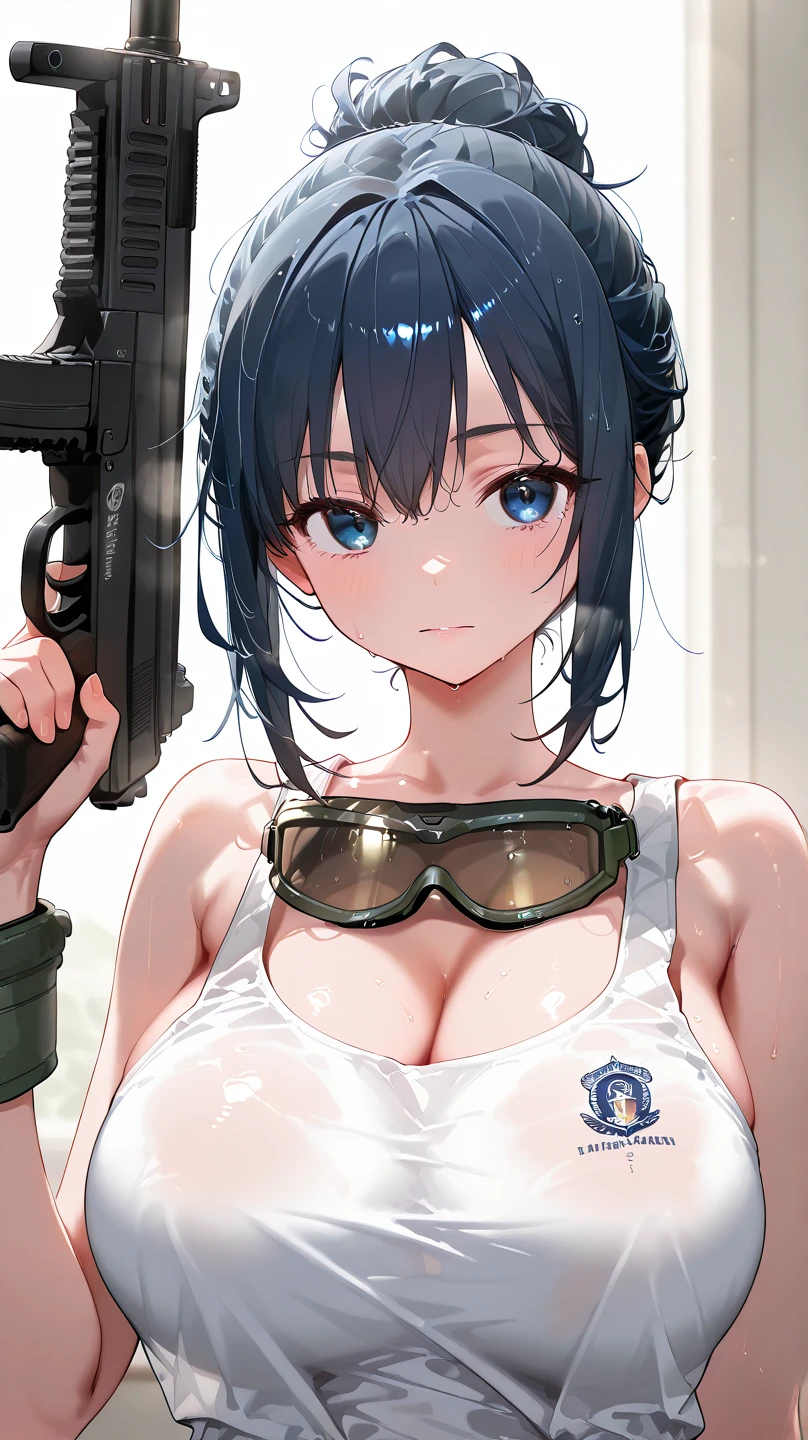 (((pixel-perfect, detail-perfect))), solo, 1girl, hair ornaments, long hair, black hair, blue eyes, medium chest, akebi komichi, Imperial Guard Combat Uniform Swimsuit, o-ring bikini, v gundam, swimsuit, absurdres, highres, solo, cowboy shot, 1girl, neneka nibrou \(cosplay\), wristband, headphone, holster, backpack, holding gun, aiming, perfect hands, wind, medium breast