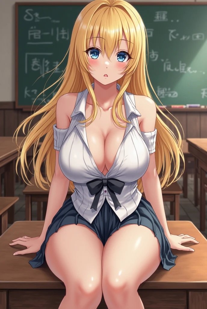 1girl, ((masterpiece)), ((detailed face)), best quality, realistic face) ,face full of lust , blonde hair, girl school, ((naked sexy and white underpants sitting in an desk)), super plump thick manhwa body, ((middle breast, pink big nipples)).