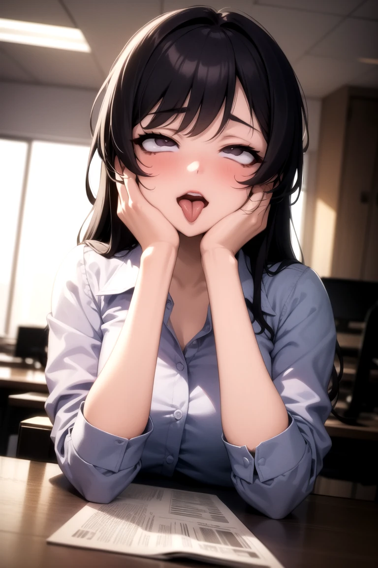 masterpiece, best quality, ultra-detailed, illustration, epic lighting, cinematic composition, isometric, view from above, 1girl, (solo:1.5), cute, blue eyes, green eyes, detailed iris, black hair, swept bangs, single sidelock, red hairclip, white collared shirt, black necktie, black pants, formal, enchanting gaze, captivating pose, indoors, office, door, opening door, looking at viewer, peeking out upper body, blush, seductive smile, closed mouth,(8k:1.1), (ahegao:1.5)