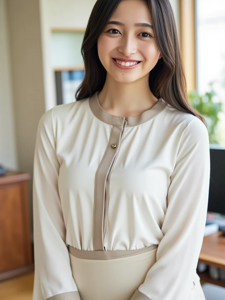 ((Highest quality)), ((8k)), ((masterpiece: 1.3)), (Perfect appearance), (Photorealism: 1.6), (JMA), (Who), (Genuine:1.4), 1 Mature Woman, Perfect Anatomy, 65 years old, ((Realistic skin texture)), (Fine lines on the skin), (Dull skin), (Facial wrinkles), (Wrinkles around the eyes), double eyelid, Tear bags under the eyelids, (corner of the eye), Thin eyebrows, Medium Long Hair, A gentle smile, (secretary), ((Standing posture: 1.3)), (Office: 1.2),