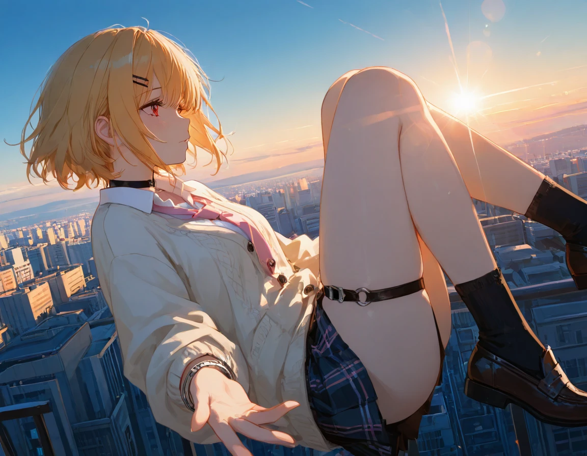 girl, blonde hair, bottomless, pussy, no panties, sweat, sweatdrop, wet clothes, white shirt, midriff, pussy juice, squirting, pussy juice puddle, pussy juice string, bare legs, slim, full body, barefoot, thigh strap, orgasm, small breasts, sitting on a chair, tied, tied to a chair, beautiful background, school rooftop, sunset