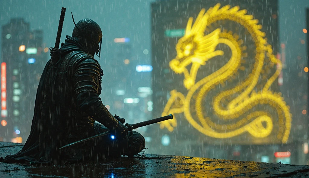 The picture is dark，The gates of the Forbidden City are ajar，There is a tiger head buckle at the door，An ancient juvenile swag pose with his back to the starting point begins with a half-squat，In the distance are cyberpunk high-rises，Fluorescent lights shine。Web stage
