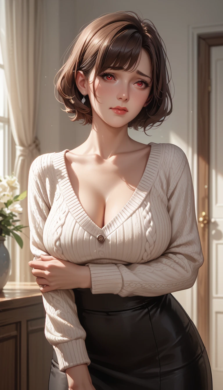 ((best quality, 8K, masterpiece :1.3)), 1 Girl, Pretty woman with slim abdominal muscles :1.3, (Medium to short hair, Huge breasts :1.2), Cardigan :1.1, Ultra-fine face, Delicate eyes, Double eyelid 2b \(nier:Automata\),medium breasts,hand in hair,parted lips,covered eyes,, zPDXL