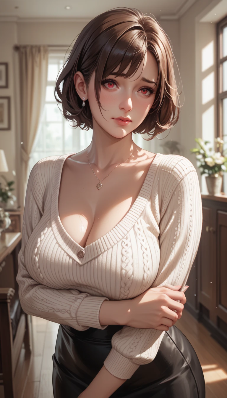 (best quality,4k,8k,highres,masterpiece:1.2),ultra-detailed,(realistic,photorealistic,photo-realistic:1.37),beautiful young woman with short undercut haircut, extremely detailed face and eyes, pulling up long oversized sweater, no pants, huge breasts, intricate details, soft lighting, elegant pose, warm color tones, cinematic composition