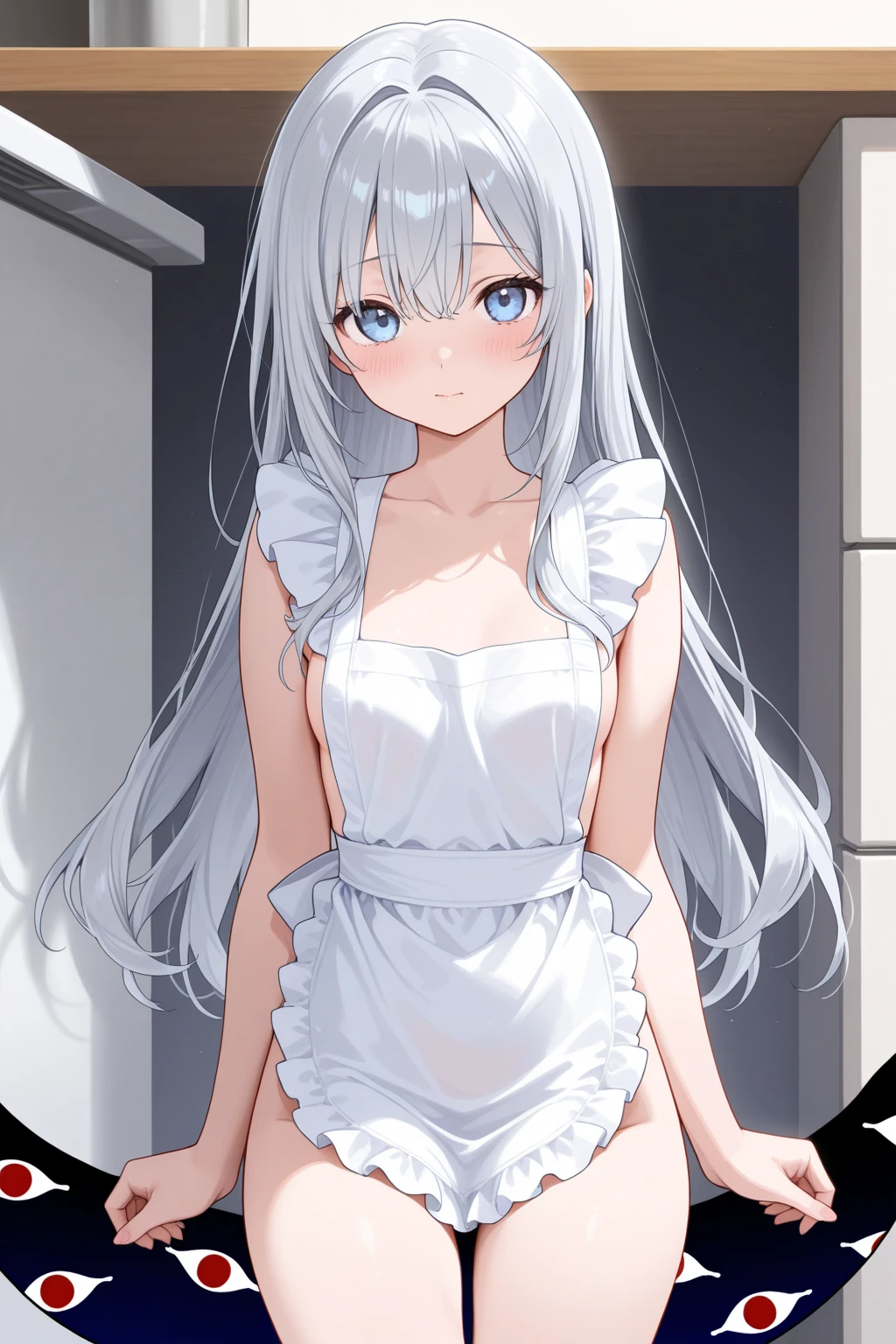 beautiful girl, cute, young, small limbs, short fingers, Big Breasts, Embarrassed face, large ribbon on the head, Thin and light clothing, dress, Sheer white lace tights, Thin, sheer white tights、Symmetrical eyes, whole body, Put your arms behind your back, naked，Cat ear，Long white hair，Light blue eyes，Showing off your crotch，Spread your legs，Bow-legged，My crotch is wet