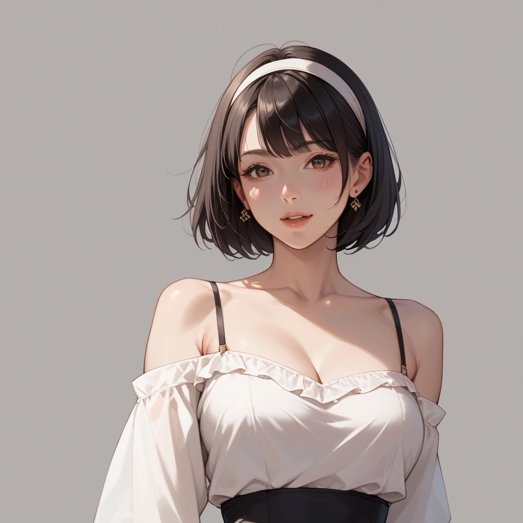 A gentle and timid-looking woman in her 30s, with a soft bob haircut and black hair. She exudes a warm and calm presence fuller figure