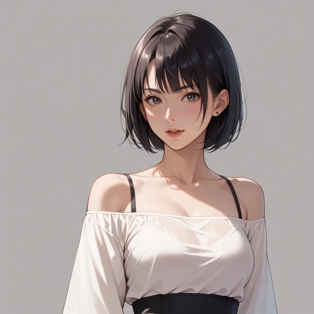 (((masterpiece, best quality, ultra highres, 1 girl, solo, no background))), super detailed skin and face and eyes and finger, beautiful japanese woman, small breasts:1.5, skinny, light brown hair, white background, very short pixie hair, cowboy shot, The background should be simple, outline, anime, 2d, boyish, expressionless, flat paint,