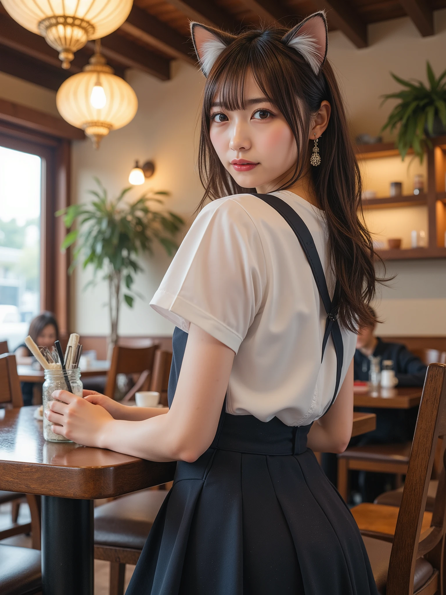 ((of the highest quality, 8K, masutepiece: 1.3, Raw photo)), Sharp Focus: 1.2, (1 AESPA Girl :1.1), Solo, (Realistic, Photorealistic: 1.37), (Face Focus: 1.1), Cute face, hyperdetailed face, (short messy hair: 1.2), Small Smile, Small breasts, flat chest, nude, (dirndl: 1.5), ((ruffle-skirt, multilayer-skirt):1.32), from behind, Thigh, cafe, bar, lily