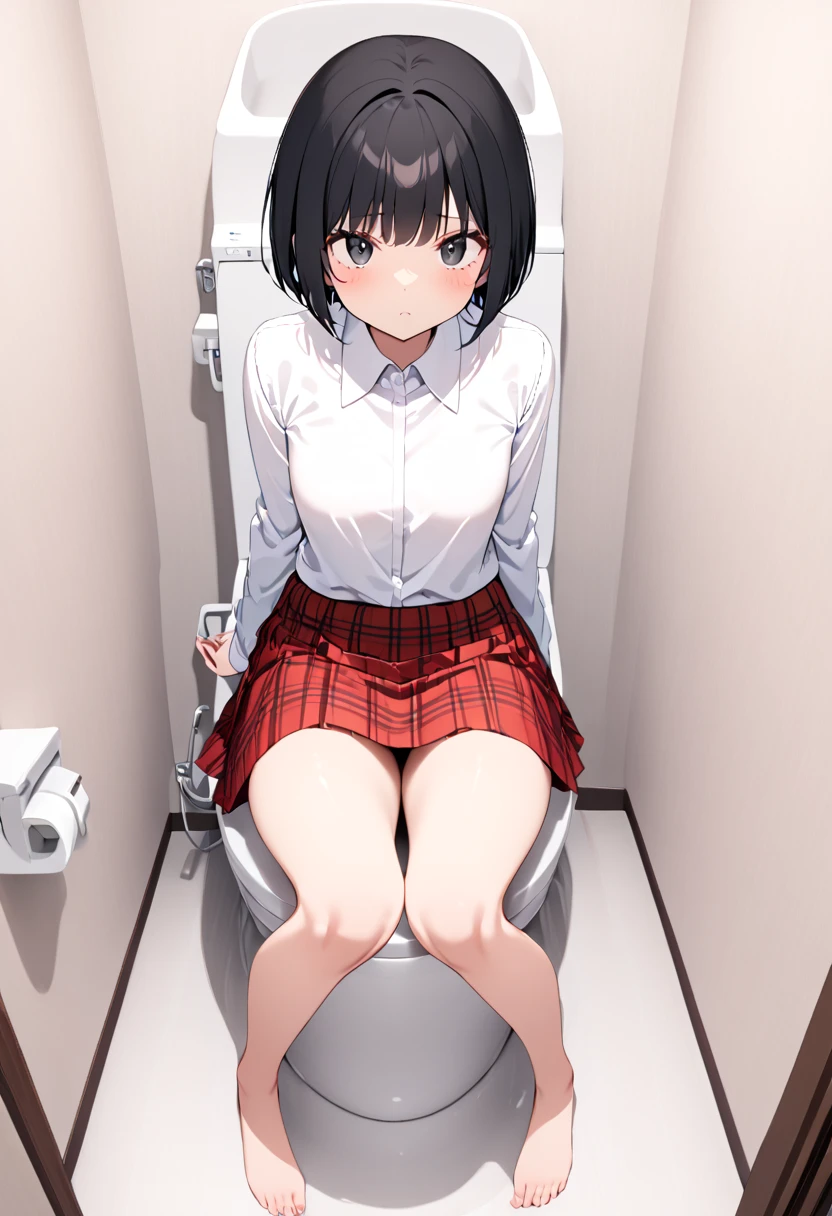 1girl,12old, ,short hair,hair over eyes,bob cut,straight hair,black hair, ,tsurime,black eyes, , collared shirt,white shirt,long sleeves, ,suspender skirt,red skirt, ,toilet stall, ,Sit on an open urinal, ,Big Breasts、Very large breasts、((skirt lift)), ,ero face