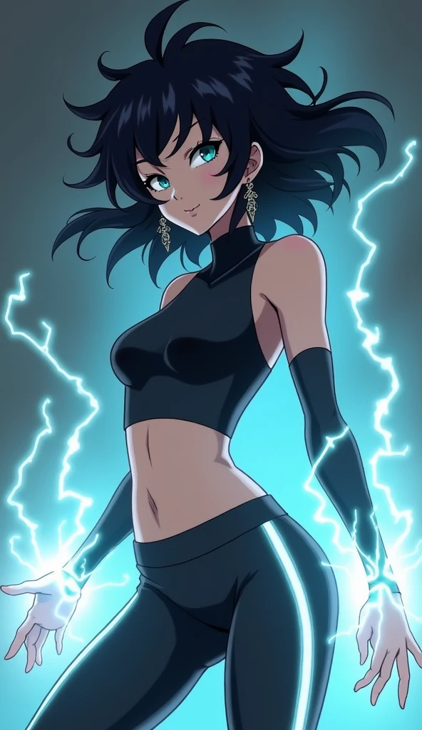 highly detailed, masterpiece, best quality, correct hands, small breasts, short black hair, blue eyes, black robes, black pants, no shirt, defined curves, smug smile, blushing, mountain background, storm, lightning, floating, stormy atmosphere, surrounded by lightning, flying, off the ground