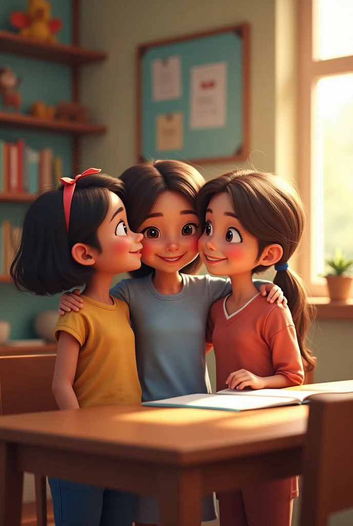 Pixar-style poster of three girls with brown eyes, A girl with medium-length brown hair and a royal blue shirt of medium height, another girl with short red hair with black glasses, short royal blue t-shirt and another girl with medium-long black hair wearing a pink t-shirt in an office with two desks, two computers and a poster with the word Tekuno