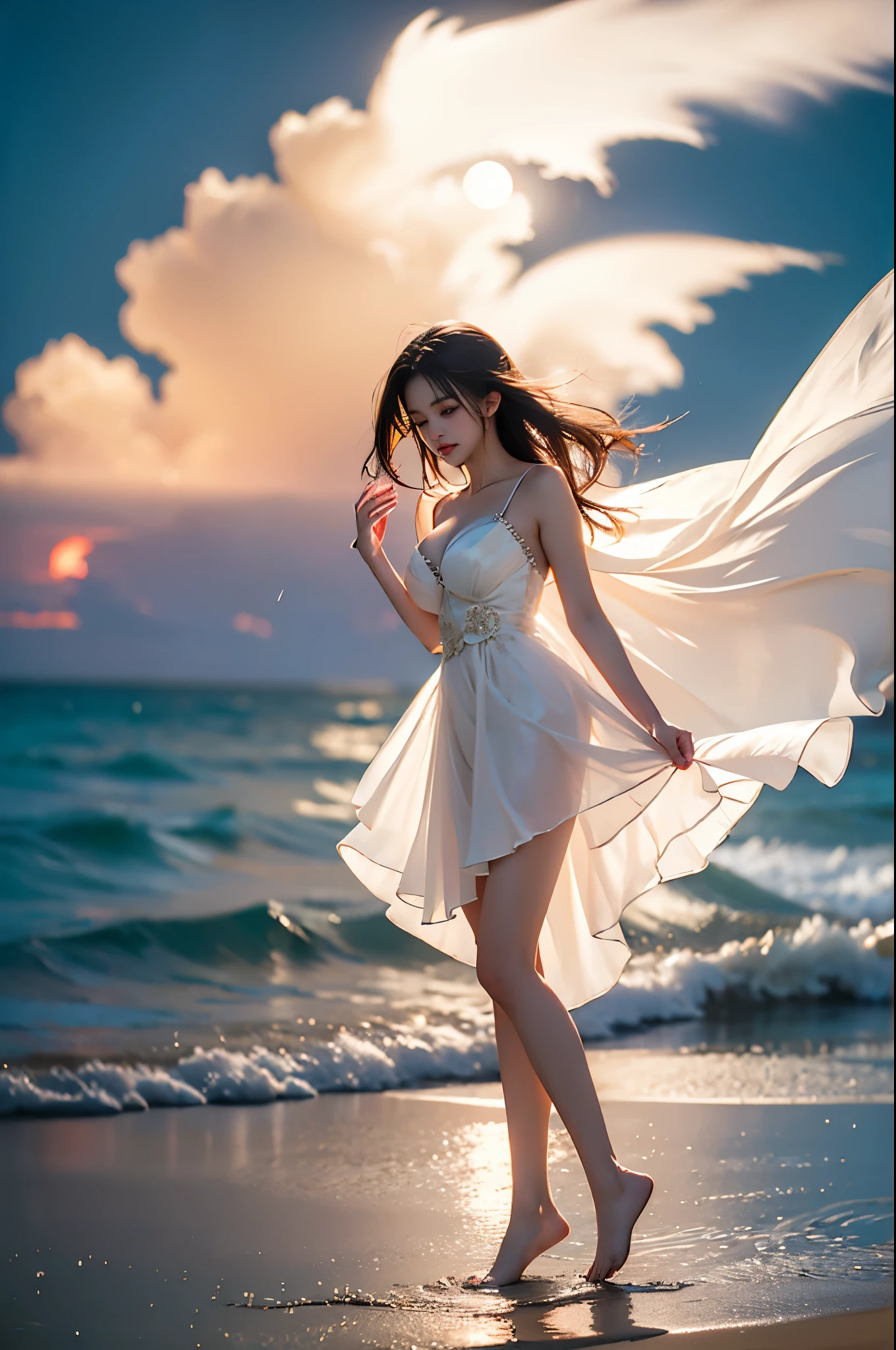 floral dress, simple background, flower, signature, blood, white flower, green background, bouquet, still life ,,((full body, from below)), (masterpiece, best quality, ultra-detailed, 8k), realistic, a beautiful sexy long-legged model on a tropical beach, (I-type Valley), (Full breasts, visible cleavage, very short skirt hem, exposed shoulders), (Tyndall Effect), (At night,:1.3 moonlight:1.3), standing in shallow water, one hand playfully lifting her hair, the other gently raising the hem of her flowing summer dress, seductive pose, perfect and symmetrical leg anatomy, glistening water, soft natural lighting, (wind blowing gently:1.1), (ambient lighting:1.2), bokeh, cinematic shot, dynamic angle, professional photography, shallow depth of field, sharp focus, vibrant colors, (slightly tanned skin:1.1), (natural makeup:1.1), (delicate features:1.1), (ocean waves gently lapping at her feet:1.1)