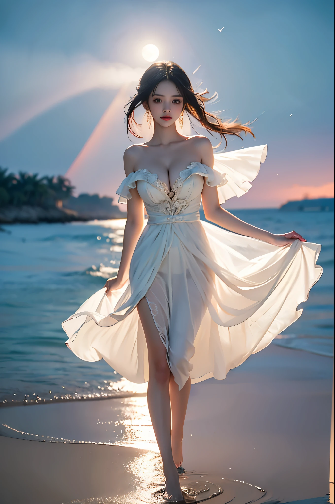 floral dress, simple background, flower, signature, blood, white flower, green background, bouquet, still life ,,((full body, from below)), (masterpiece, best quality, ultra-detailed, 8k), realistic, a beautiful sexy long-legged model on a tropical beach, (I-type Valley), (Full breasts, visible cleavage, very short skirt hem, exposed shoulders), (Tyndall Effect), (At night,:1.3 moonlight:1.3), standing in shallow water, one hand playfully lifting her hair, the other gently raising the hem of her flowing summer dress, seductive pose, perfect and symmetrical leg anatomy, glistening water, soft natural lighting, (wind blowing gently:1.1), (ambient lighting:1.2), bokeh, cinematic shot, dynamic angle, professional photography, shallow depth of field, sharp focus, vibrant colors, (slightly tanned skin:1.1), (natural makeup:1.1), (delicate features:1.1), (ocean waves gently lapping at her feet:1.1)