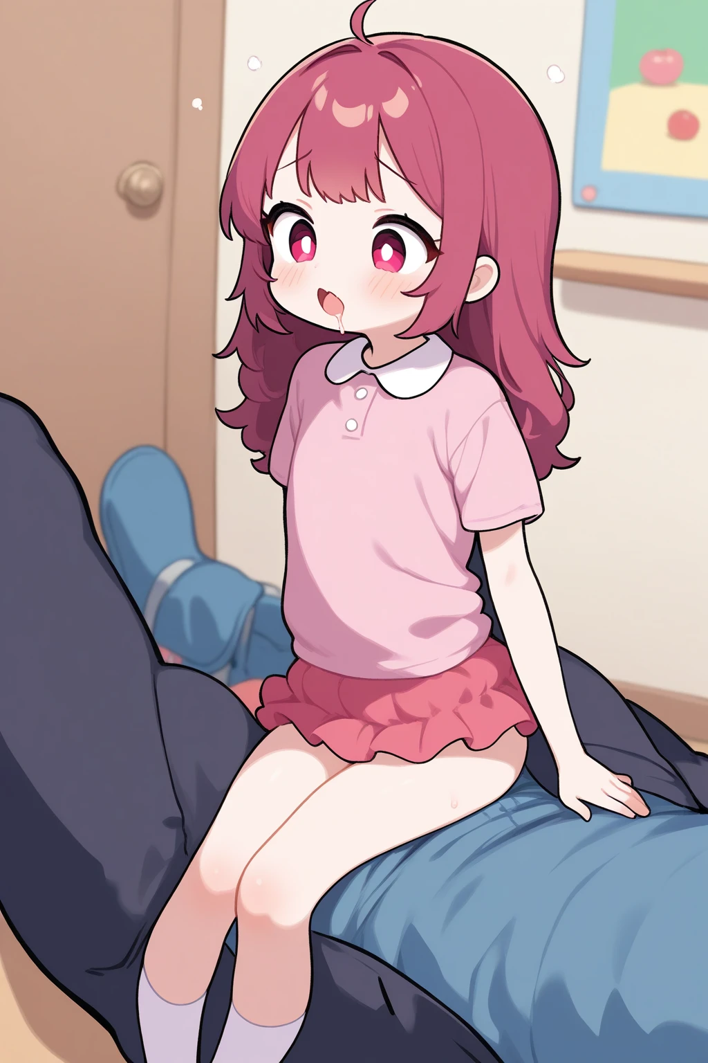 ( 4 diferent girls having sex),4 Girls with pink hair, long twintail hairstyle, ((small bushy eyebrows)), wearing gothic lolita clothing, lolicon , walking to school, flirty smile,, walking to school, bored look, bored face,, (sitting with legs open lifting her skirt to show her vagina wet with semen), (1 boy having doggystyle sex with the girls, scaried young boy)
