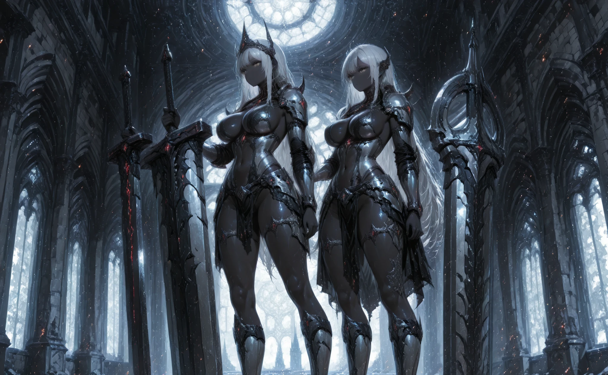 mature female elf, full body, long white hair, pointed ears, white skin, red eyes, confident expression, full plate adorned armor.