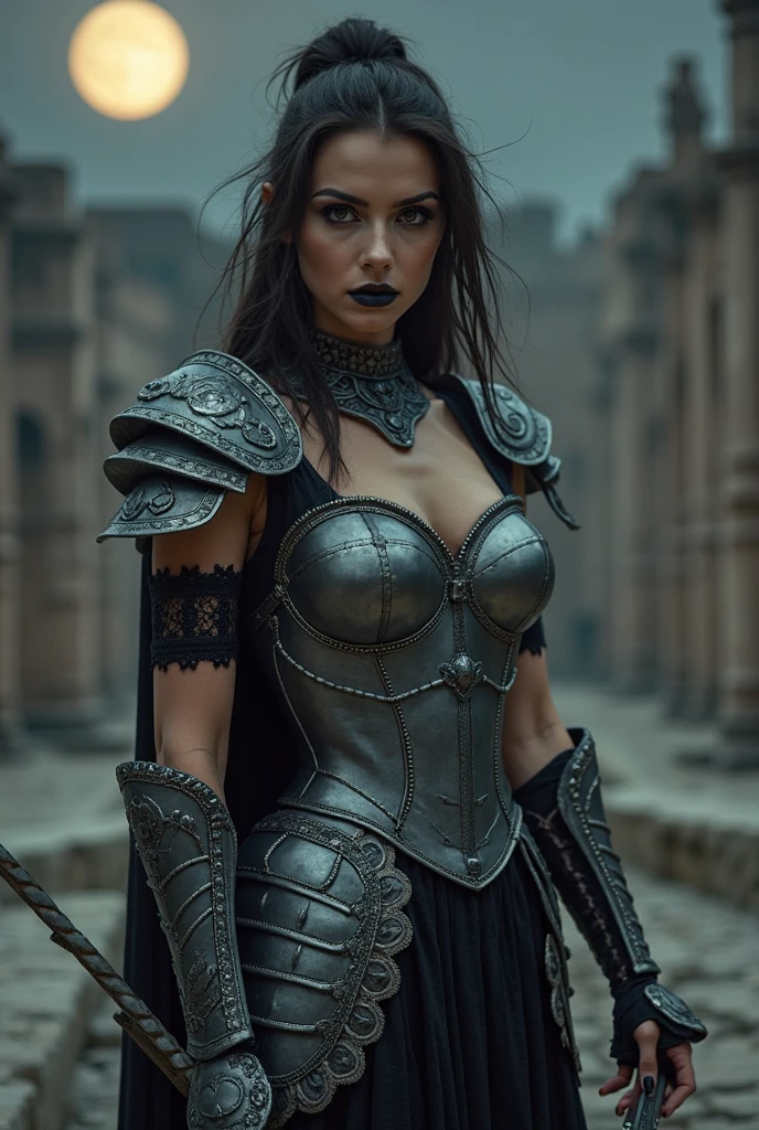 Woman, full height, Assassin&#39;s form-fitting leather armor with spikes, tight black pants, Leather Bib, tattoo under the eyes in the form of three dots, black hair on the head, with a braid on his head, Moonlight, clear face, alley of medieval fantasy city, full length, holds a short curved sword in each hand