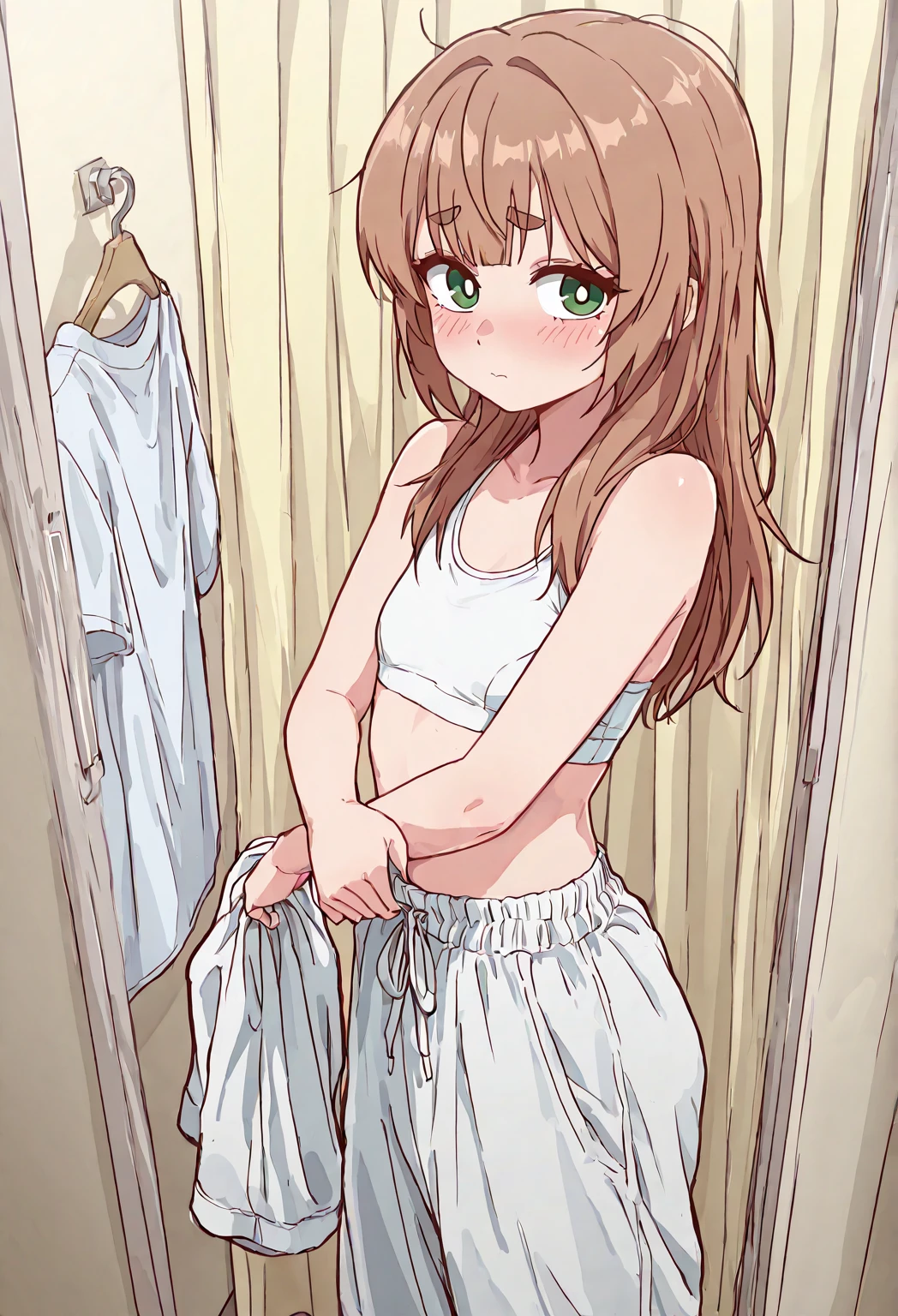 throw: Viewer standing in front of an open door, the door is open by 1 girl, Alone, 18 years, Brown hair, messy hair, asymmetrical hair, He drowned, very short hair, aquamarine eyes, medium breasts, Pale skin, Glasses, T-shirt raised over head, exhibiting naked body, blush, ashamed, thighs, shirt puller, shy (masterpiece:1.2, Best Quality), (bragas estampadas para childs), (superplano, flat shading, Flat colors), (masterpiece, Best Quality), 1 girl, change, child, printed panties, best shadows, vibrant colors, watercolor, ghibli style, funny, wide angle, vibrant colors, watercolor. printed panties, thighs jugosos, round buttocks, thick thighs, Big Butt, medium sized breast, big dips, small waist, slim arms, brown eyes. She is wearing white ankle socks.
