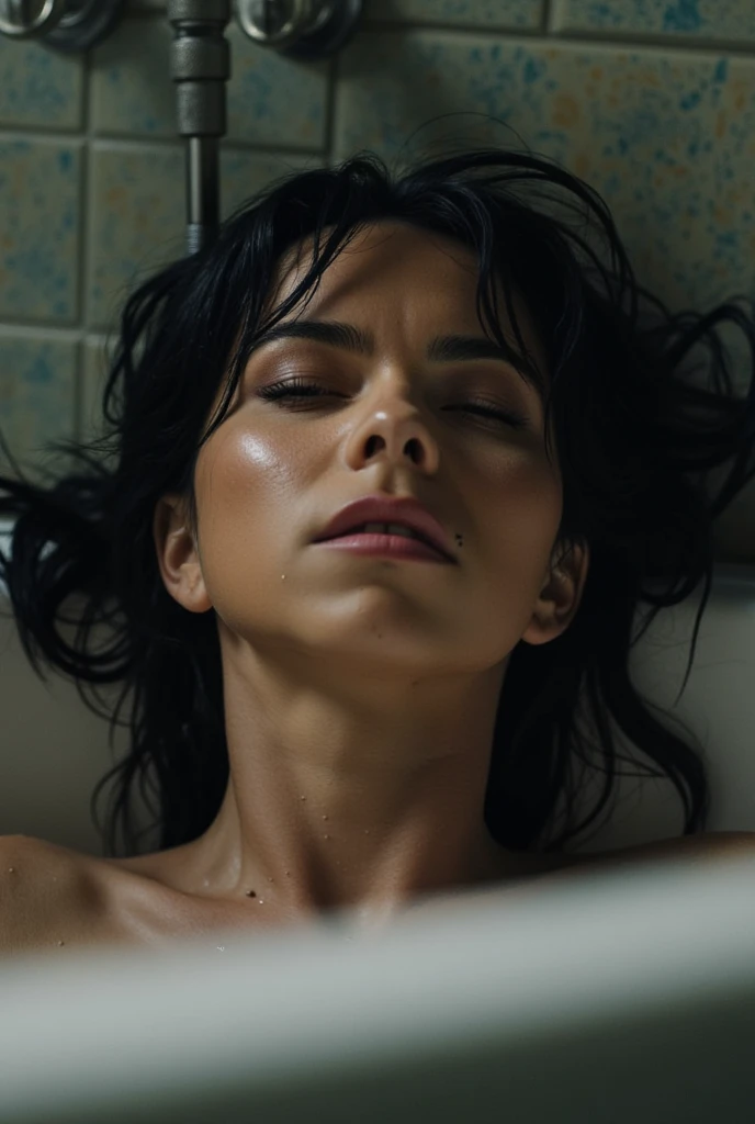 A 20-year-old Iranian girl with black hair, eyebrows and black eyes, tanned skin, and naked sexy body in the bathtub