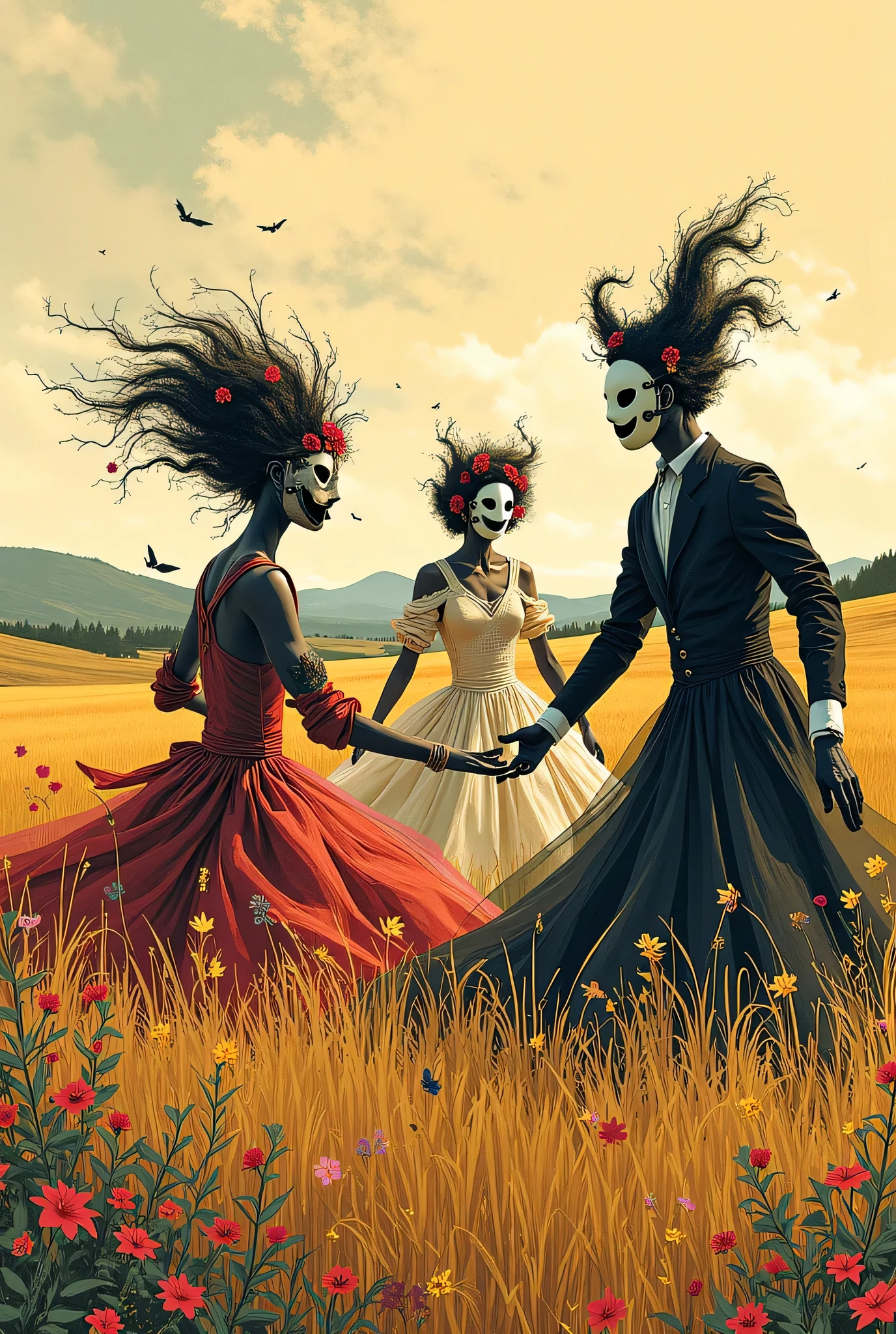 simple 、Masquerade、Men and women wearing masks dancing、prairie background、ジャン・Moebius・ジローにインスパイアされた水墨画 、 Cheerful Torrents 、Moebiusの絵画からインスパイアされたイラストレーション、、Genetically Inspired Ink Paintings 、 bolticism , ( Moebius ), Moebiusとモーブハッカー , Moebius風, Moebiusのイラストレーションアート , in the stlye of Moebius, Moebius Art , Moebius Art work、greatest masterpiece、Simple is Best、