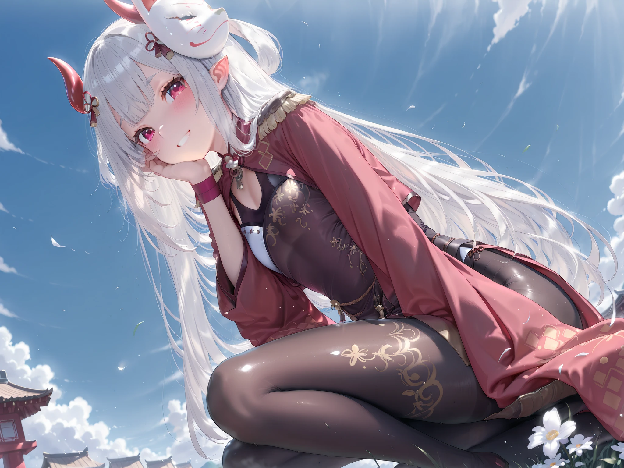 solo,masterpiece,best quality, amazing quality, highres, absurdres, very aesthetic, high resolution, ultra detailed, perfect details,(masterpiece, detailed:1.2),NRNijisanji, NR1stCostume, long hair, grey hair, red eyes, horns, floral print, flower knot, mask on head, shrug \(clothing\), epaulettes, wide sleeves, wristband, short dress, tassel, brown pantyhose, thigh strap, okobo