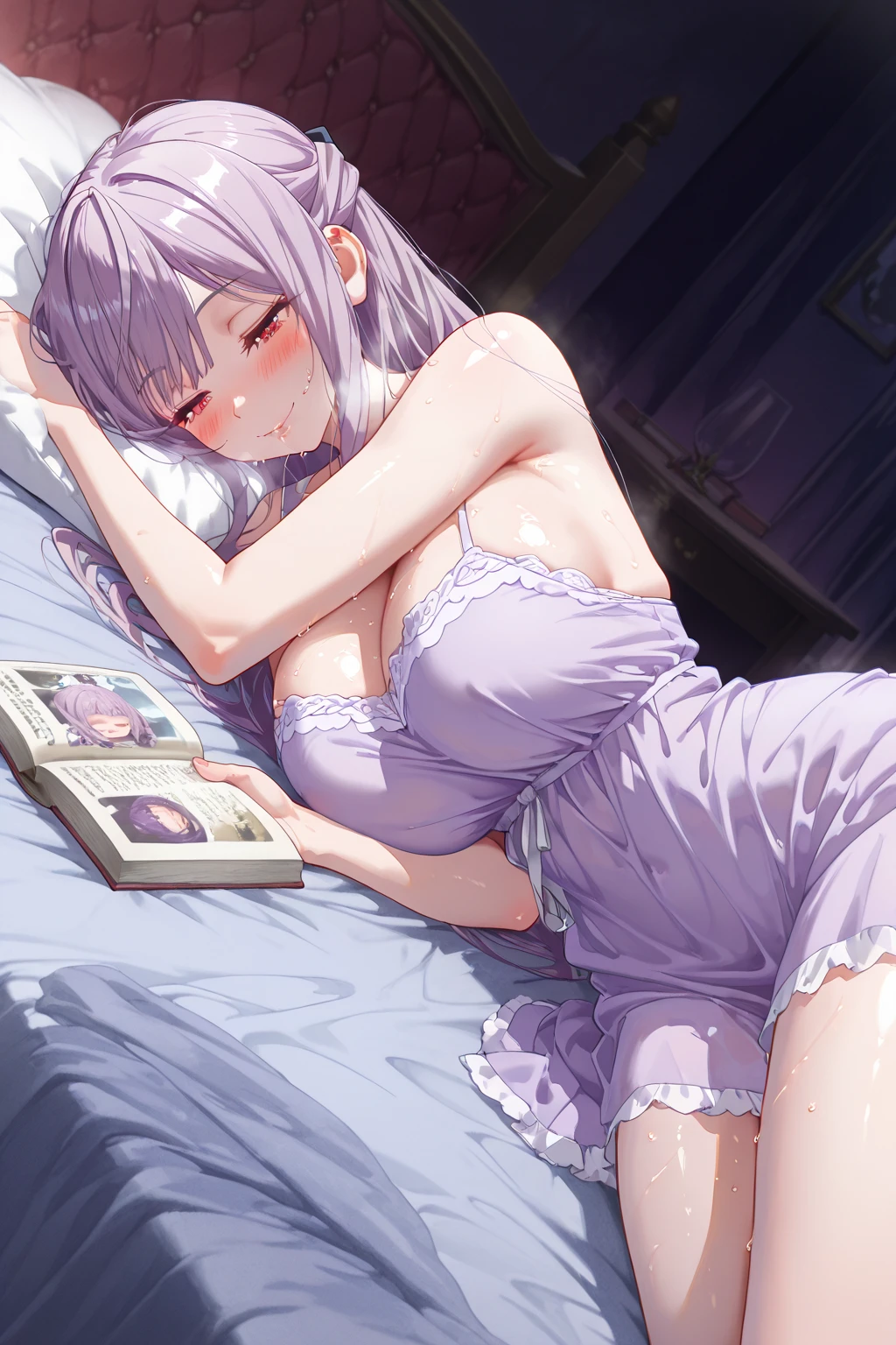 ((8k, Highest quality, masterpiece: 1.3)),Ultra-high resolution,(1 girl, alone), (Color changing eyes, Ultra-detailed, Expressive brilliance, Glitter, Glowing Eyes), Highly detailed eyes, Highly detailed face, Random Hair, ((pastel colour)),A relaxed young woman with pastel lavender hair styled into a messy bun, lounging on her bed in her softly lit bedroom during the late evening. She is dressed in a seductive lingerie set, wearing a lace bralette, matching panties, and a garter belt with thigh-high stockings. The camera captures her from a slightly elevated angle as she lies back on the bed, her gaze soft and inviting, with a slight smile on her lips. The room is dimly lit by a bedside lamp, with silk sheets draped over the bed, soft pillows scattered around, and a few candles adding to the intimate atmosphere.