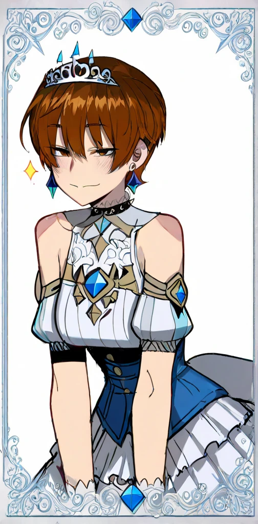 ratatstyle, masterpiece, best quality, cel-shading, anime screencap aesthetic, clean flat colors, full body, centered composition, pastel palette, elegant character illustration, soft edges, symmetrical framing, gacha-style promo art

a handsome young male, light-skinned, visibly masculine features, short dark brown hair with thick curls (not fluffy), defined jawline and straight eyebrows, no makeup, toned upper body and well-defined masculine torso, standing in a Cinderella-style blue princess dress that wraps tightly around his chest and waist, creating slight fabric tension around his broad shoulders and chest

the dress is large, sparkling, light blue with puffed sleeves and a huge satin bow on the chest, detailed white lace trim, frilly white petticoat peeking underneath the pleated skirt, fitted bodice clearly adapted around a male body, adding a humorous yet charming twist

he wears a blue gemstone choker, elegant white gloves, blue gem earrings, and a delicate gold tiara sitting over his curly short hair — all clearly princess elements contrasting his male frame

his pose is slightly leaning forward with shy energy, arms gently brought together in front of his waist, face turned slightly to the right, cheeks blushing visibly, expression is a mix of nervousness and admiration, looking toward someone off-frame, subtle smile trying to remain composed

make it unmistakably clear he is a boy — masculine neck, posture, arms, body proportions — this is a playful gender-role reversal where a male hero has become the "princess"

background is pure white with an ornate pastel blue decorative frame, like a gacha game character screen or otome game promotional art, soft cel-shading, vibrant but pastel tones, clean anime lineart, high resolution