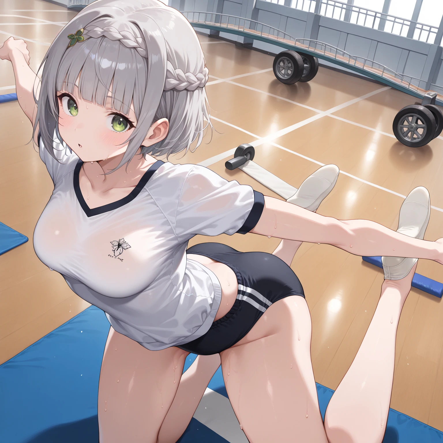 (((((whole body)))))、Youmu, Very cute white gym uniform 、smile、Leg spread、No shoes、、