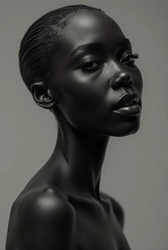 realistic photo of photoshoot of very black woman model, ar artificail, as painted with black paint, shaved head, large, expressive light blue eyes, full mouth, thin face, looking at the camera, gray empty background with artificial photographic lighting. olhar serio e sexy, gaping mouth, showing the model&#39;s full body from the side. standing dressed in bright gray clothing