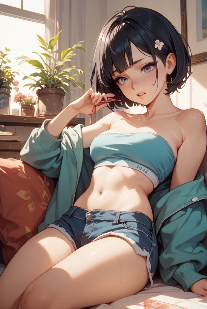 anatomically correct, best quality, masterpiece, high quality, high details, highres, HD, (shaded face:1.2), hollow eyes, blue eyes, looking at viewer, heavy breathing, smirk, uppert teeth, black hair, short hair, necklace, cropped hoodie, black bikini, long sleeves, navel, 1girl, solo, breasts, sitting, looking_at_viewer, cleavage, large_breasts, pants, midriff, plant