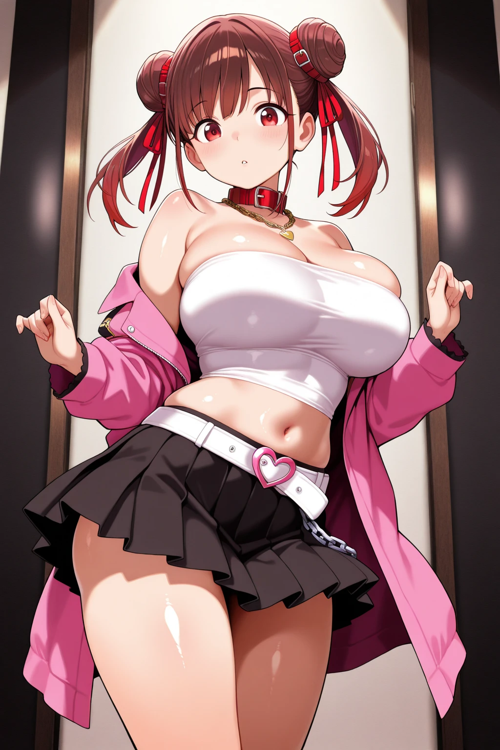 Squat、masterpiece, best quality, 1girl, breasts, thighhighs, 独奏, skirt, tongue, tongue out, red hair, navel, long hair, choker, blush, black thighhighs, covered nipples, ponytail, looking at viewer, brown eyes, underboob, hand on hip, heart choker, white background, pleated skirt, smile, large breasts, midriff, simple background, ass visible through thighs, , open mouth, hair ribbon, huge breasts, ribbon, crop top, pussy juice, heart cutout panties, Pink heart cutout tank top、