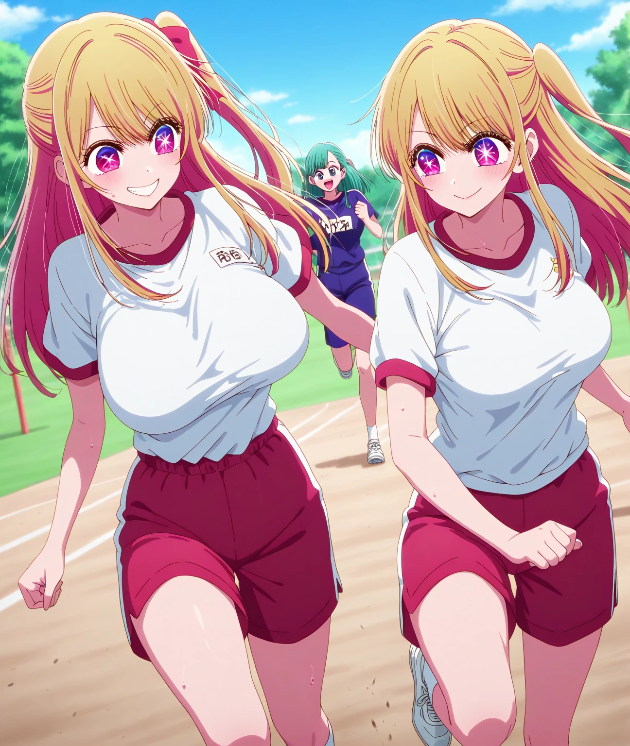 (masterpiece),best quality:1.5, ultra-detailed, high resolution, high quality, 16K, ((2heads:1.5)), ((blonde hair)), ((pink hair)), (different hair colors), (1girl), conjoined twins, girl with two heads, (Olympic stadium), ((Olympic athlete)), Olympic outfit, sports oufit, (Olympic tank top), shorts, gentle smile, blue eye