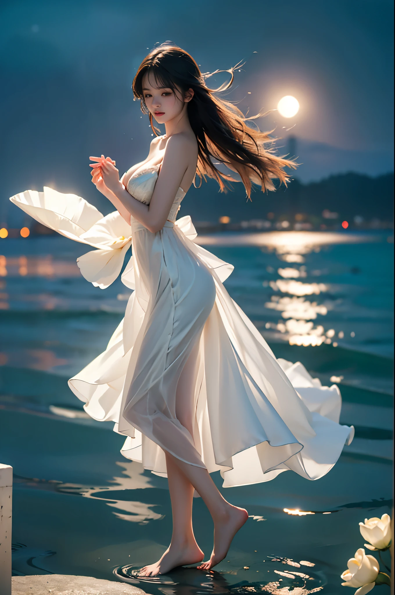 floral dress, simple background, flower, signature, blood, white flower, green background, bouquet, still life ,,((full body, from below)), (masterpiece, best quality, ultra-detailed, 8k), realistic, a beautiful sexy long-legged model on a tropical beach, (I-type Valley), (Full breasts, visible cleavage, very short skirt hem, exposed shoulders), (Tyndall Effect), (At night,:1.3 moonlight:1.3), standing in shallow water, one hand playfully lifting her hair, the other gently raising the hem of her flowing summer dress, seductive pose, perfect and symmetrical leg anatomy, glistening water, soft natural lighting, (wind blowing gently:1.1), (ambient lighting:1.2), bokeh, cinematic shot, dynamic angle, professional photography, shallow depth of field, sharp focus, vibrant colors, (slightly tanned skin:1.1), (natural makeup:1.1), (delicate features:1.1), (ocean waves gently lapping at her feet:1.1)
