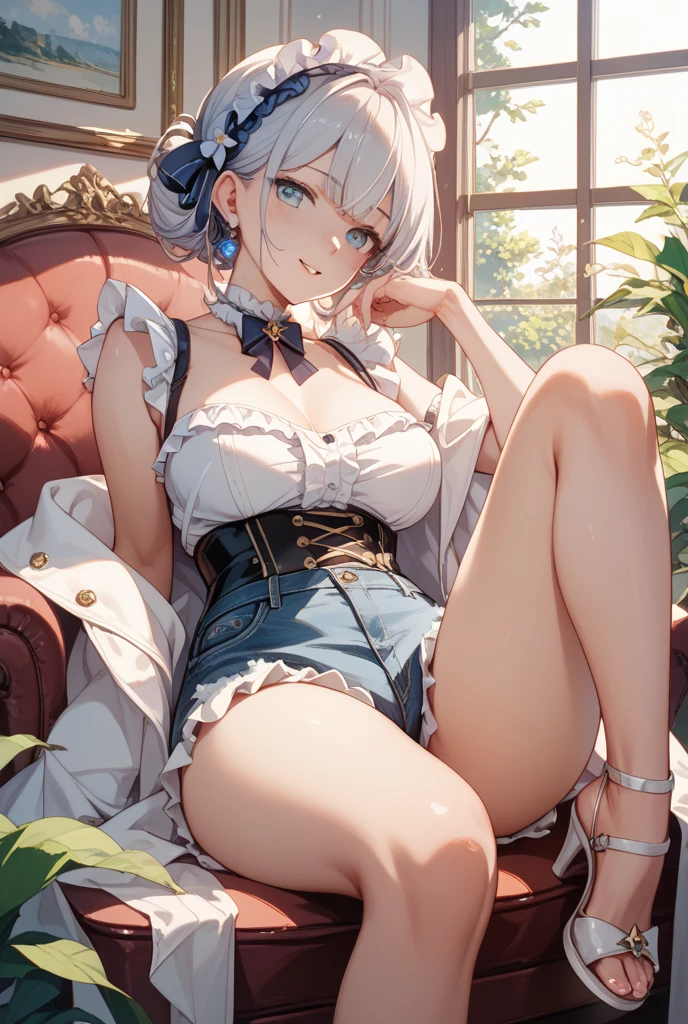 (1girl), (masterpiece), (best quality), ((looking at the viewer)), ((full body)),((facing the viewer)), ((dress that shows off her figure)), ((White hair)), (((sitting on chair with legs crossed))), (((good anatomy)))
A stunningly beautiful young woman with hair as white as snow and deep blue eyes like sapphires gazes gracefully out of her window upon waking. Her figure is slender and elegant, adorned in a delicate, exquisite nightgown of white silk embellished with lace that accentuates her flawless skin under the soft morning light. She holds a teacup with grace, while the first rays of the sun illuminate her angelic face, reflecting an aura of serenity and tranquility.