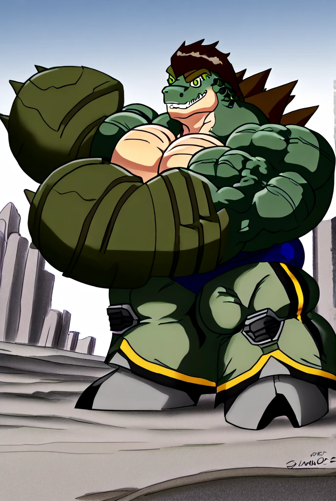 dinosaur,stegz,green skin,scalie,male,muscular,huge muscles,pecs,abs,nostrils,hyper muscles,huge pecs,muscle growth,hyper muscle growth,scaly,spikes