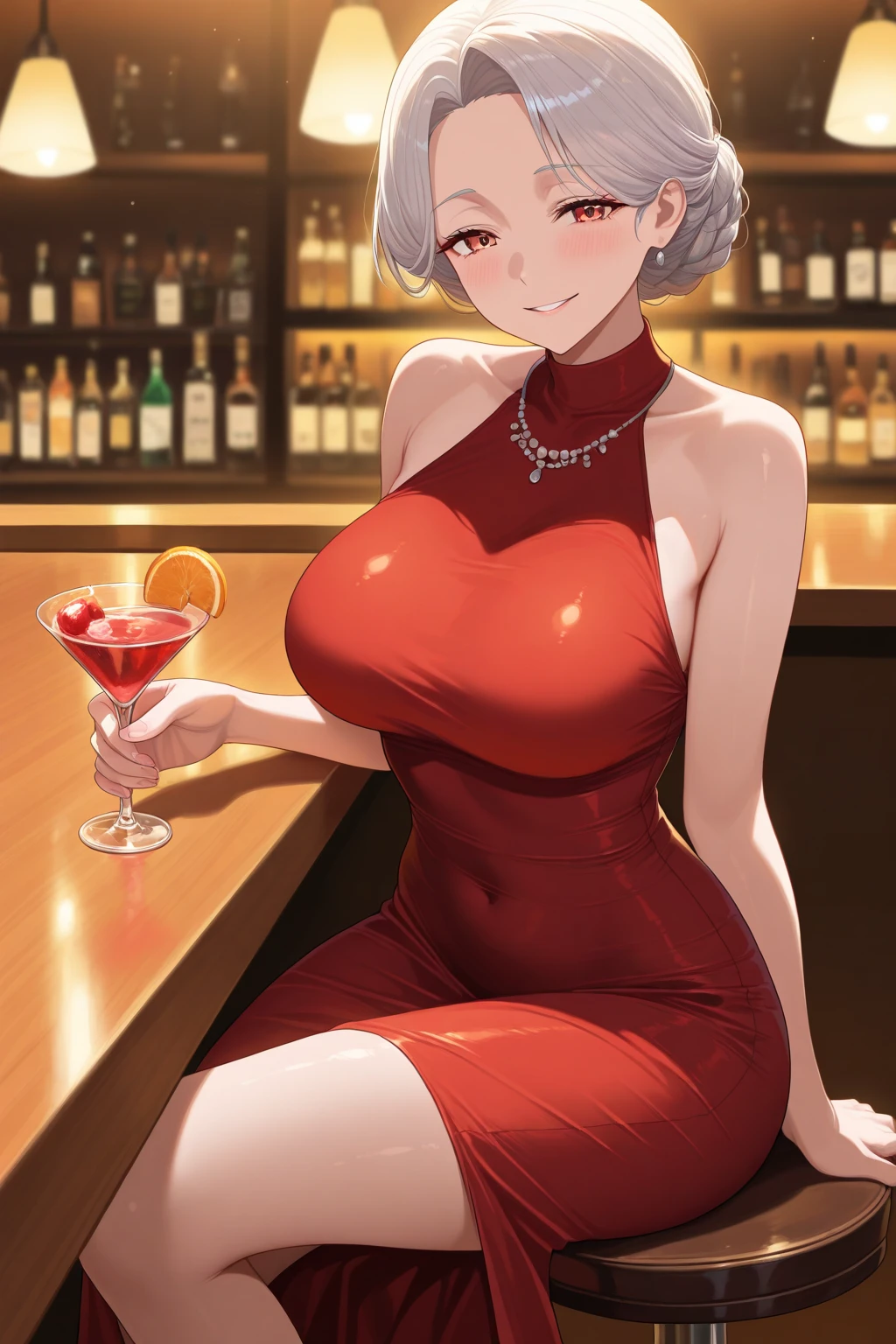 uploaded e621, score_9, score_8_up, score_7_up, score_6_up, score_5_up, score_4_up, rating_safe, smooth, source_furry, {realistic}, Milfs, a one woman, breasts big, gigantic breastss, Breasts huge, Mature female, heavy breasts, short hair, silver-haired, light-skinned female, orange eyes, big-ass, Curvilinear waist, breasts resting on the table, with chin resting on hand, shoulders resting on the table, , Looking at Viewer, bra edges on sweater, sensual cleavage, Holding a bra of your own, full breasts, breasts larger than the head, mature face, curvy female, thick-thighs, voluptuous female, full body shot shot, black belt, delicate gloves, bra strap appearing, soft tits, female focus, Mom's breasts, mommy, being one, charming countenance, Imposing female, high waisted jeans, Short shirt, teasing with your breasts, sitting at a restaurant table, a date, First-person view, in front of the suitor, Silly smile, hearts over the head, plates with food on the table, candle lighting, in an elegant restaurant, glass of wine on the side, sitting in front of the viewer