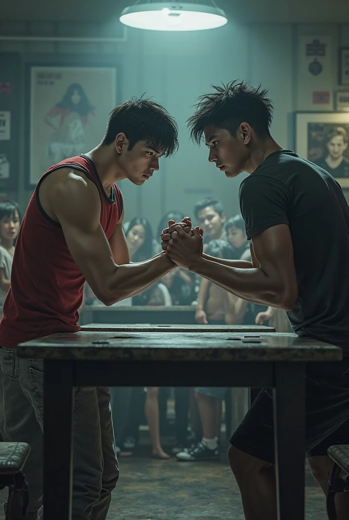 Imagine a cinematic photo capturing the intense moment when two Malay men face off in a heated argument. One man in dark blue outfit is seen grabbing and attempting to punch the other, while the tension in the scene is palpable. Enhance the dramatic atmosphere with dynamic lighting and framing that conveys the suspense and intensity of the situation, leaving viewers on the edge of their seats, 35mm lense, Top-Down Shot, Deep Focus cinematography effect, warm Lighting, dark-toned color grading, high quality, ultra detail, 8k resolution,