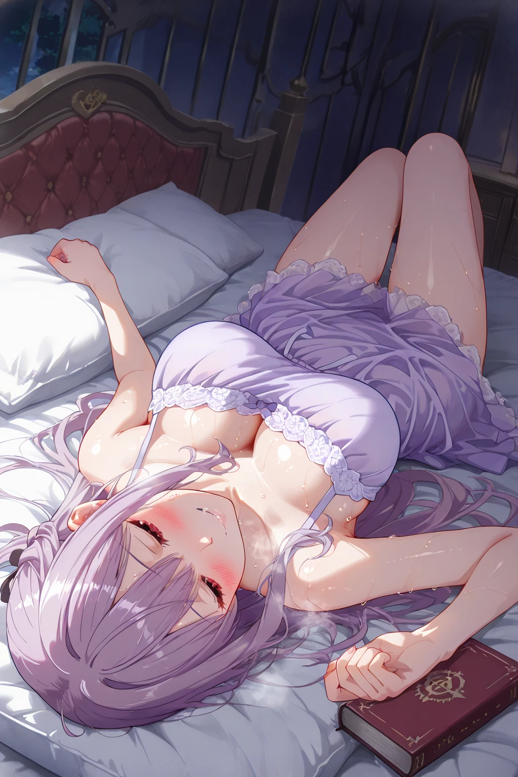 photorealistic, highres, detailed, cute woman with open dress, open mouth,  embarrassed smile, blush,  sit on bed, side breasts, 